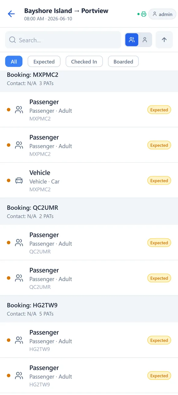 JetSetGo mobile check-in manifest — passengers grouped by booking with live boarding status