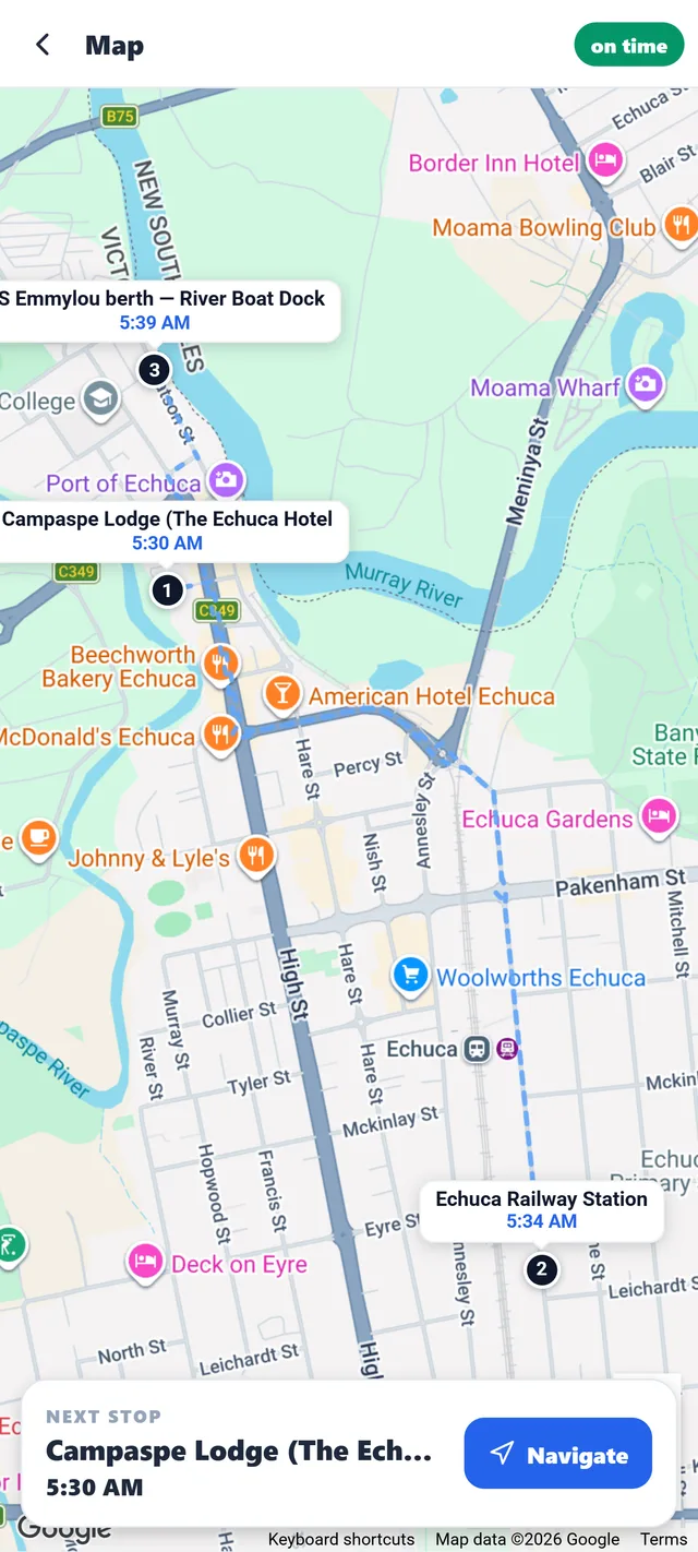 JetSetGo On Duty — a live map of the route with numbered pickup stops, the next stop, and an on-time status