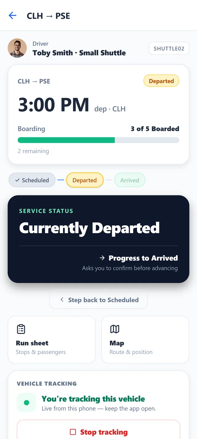 JetSetGo On Duty — the driver’s service screen showing the driver, boarding progress, service status, and quick links to the run sheet and map