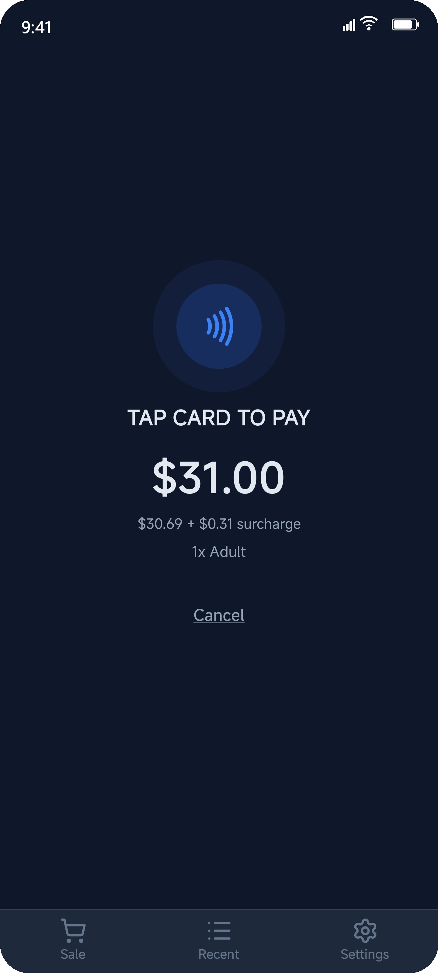 JetSetGo Tap to Pay — contactless card payment for $31.00 including surcharge
