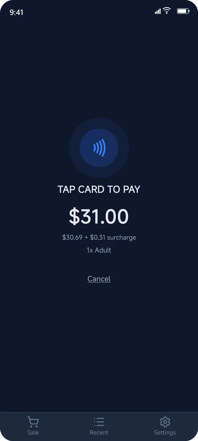 JetSetGo Tap to Pay — contactless card payment for $31.00 including surcharge