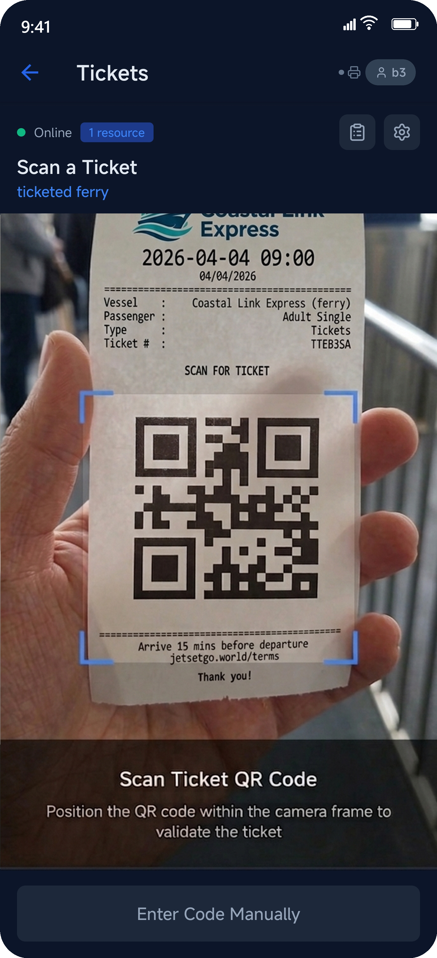 JetSetGo ticket scanner validating a QR code on a printed ferry ticket