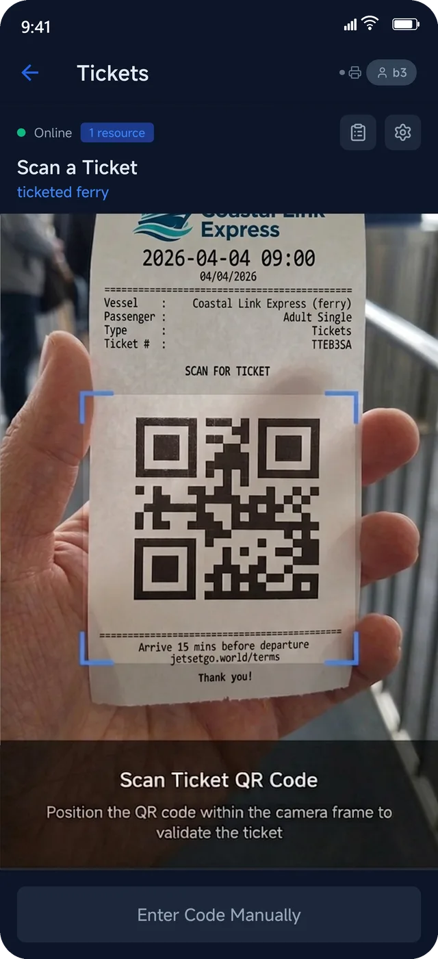 JetSetGo ticket scanner validating a QR code on a printed ferry ticket