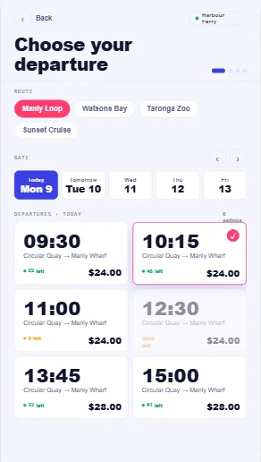 JetSetGo self-service kiosk — choosing a departure time with live seats remaining and pricing