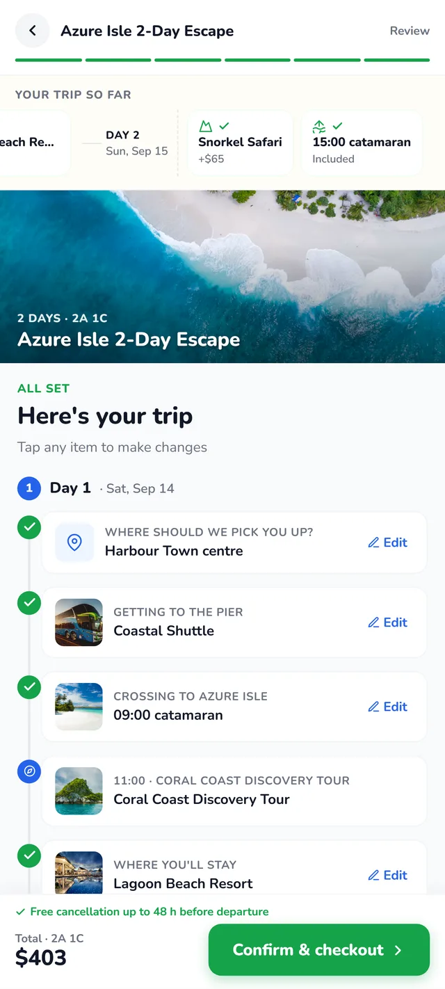 JetSetGo booking widget — full trip review timeline with confirm and checkout button