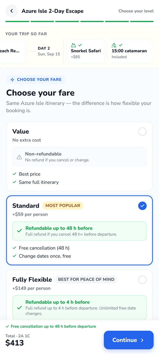 JetSetGo booking widget — choosing a fare by flexibility: Value, Standard, or Fully Flexible
